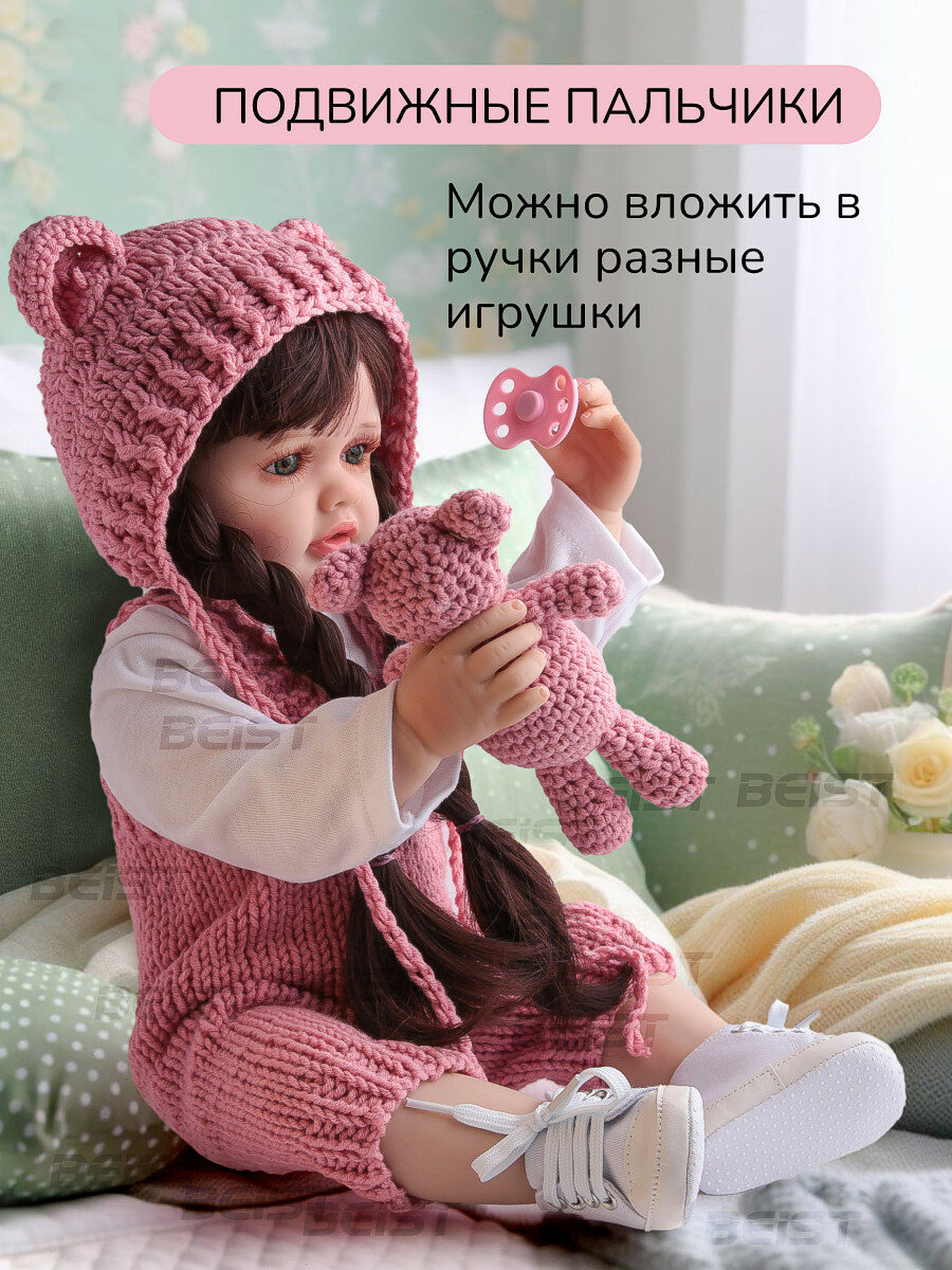 Реалистичная силиконовая кукла девочка Reborn, 55см, вязанный комбинезон, брюнетка — фото 1