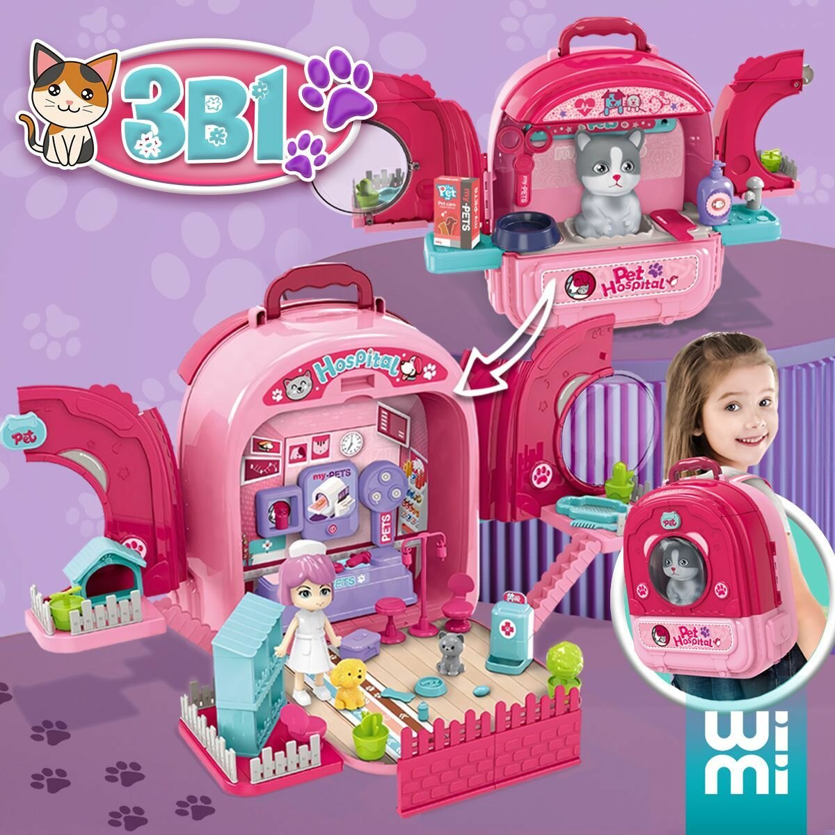 фото Набор ветеринара детский WiMi питомец в переноске и кукольный домик с мебелью