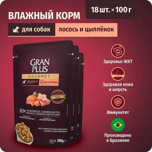 Влажный корм для взрослых собак GRANPLUS Gourmet Dog с лососем и цыпленком в соусе, 100 г х 18 шт