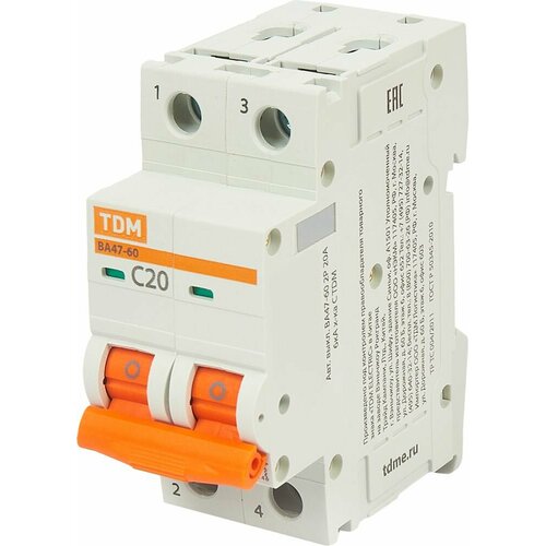 Автоматический выключатель Tdm Electric ВА47-60 2P C20 А 6 кА SQ0223-0094