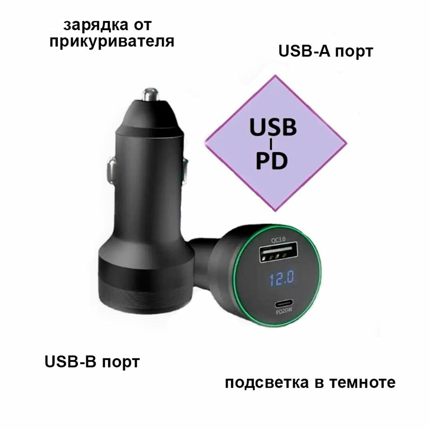 Автомобильная зарядка с портами USB + PD20W