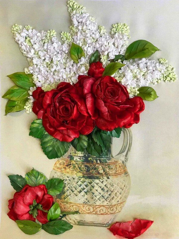 Сирень и красные розы #КЛ(Н)-3040 Каролинка Набор для вышивания 26 х 33.5 см Вышивка лентами