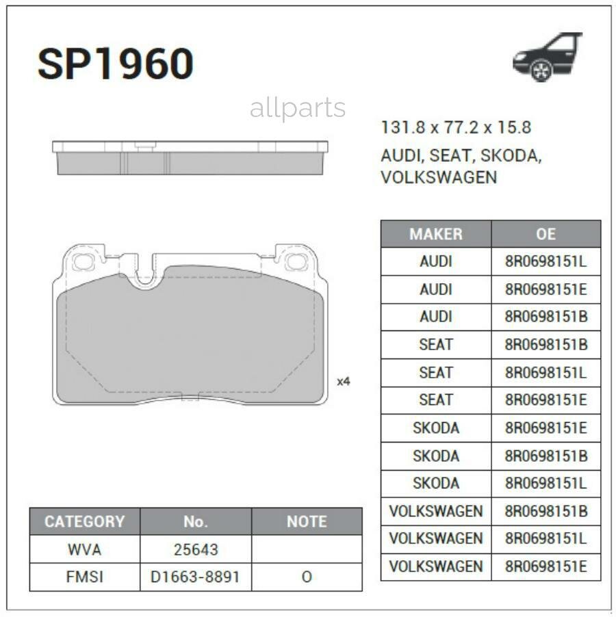 SANGSIN BRAKE SP1960 Колодки тормозные, передние