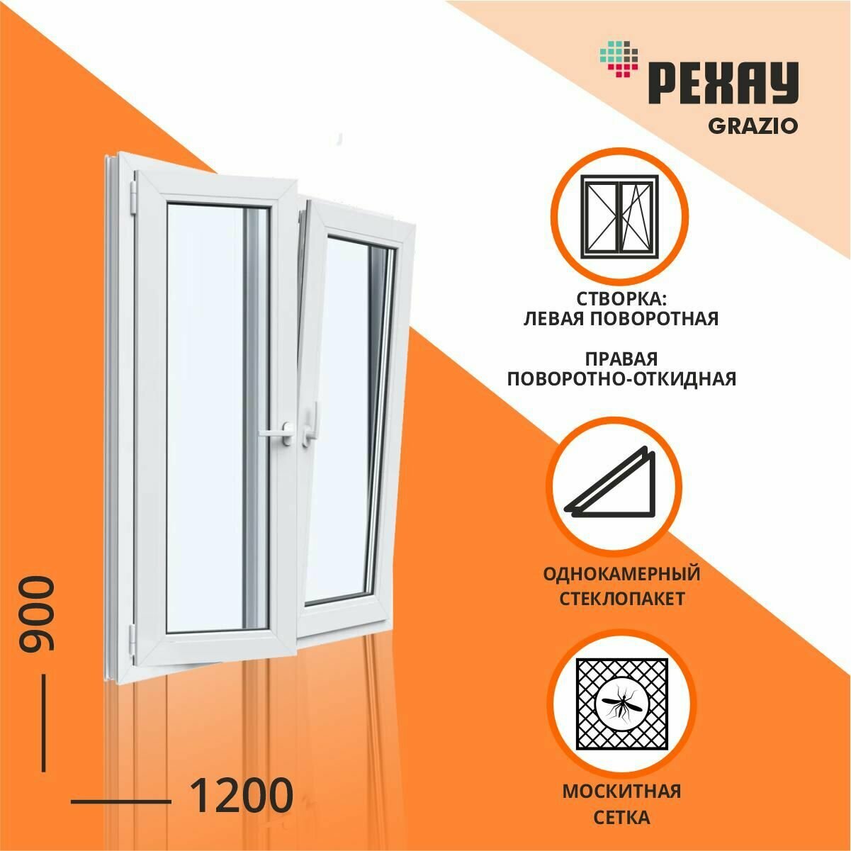 фото Окно пластиковое 1200х900 мм Поворотно откидная правая, левая поворотная с москитной сеткой