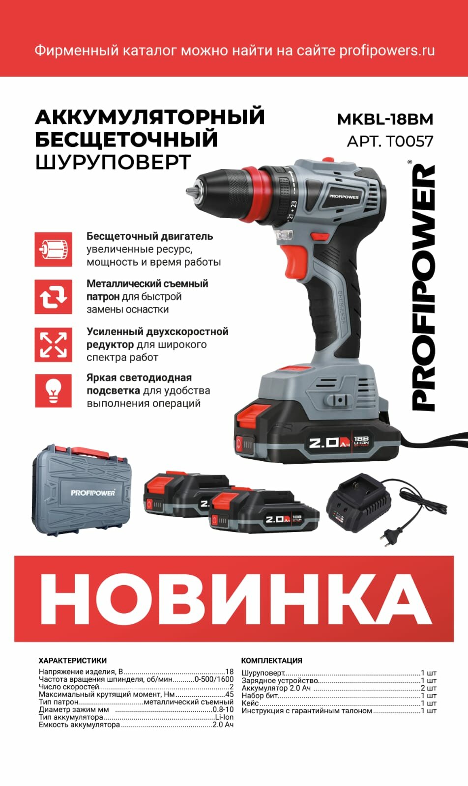 Аккумуляторный бесщеточный шуруповерт ProfiPower MKBL-18BМ со съёмным патроном 45H/м (2акб 2Ач бита кейс)