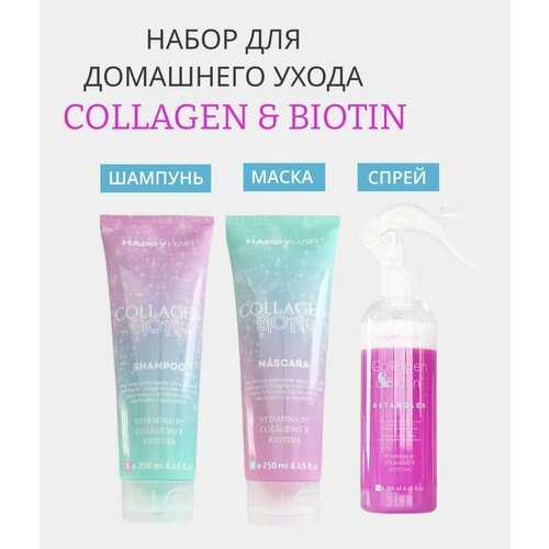 Набор Нарру Hair Collagen & Biotin Шампунь + маска + спрей-кондиционер