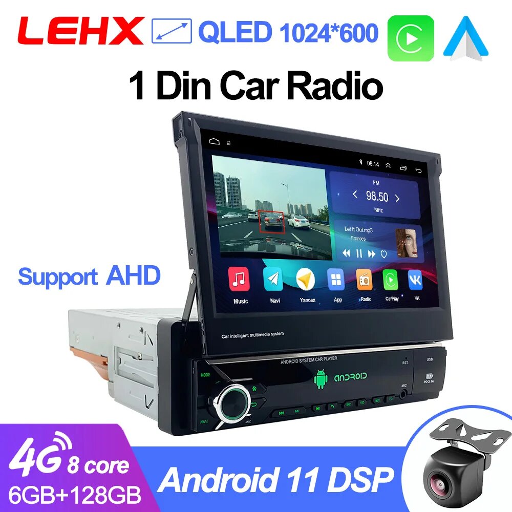 LEHX L6 1 Din Android 14 Авто Универсальный автомобильный радиоприемник 7 "QLED Выдвижной экран Мультимедийный плеер Стерео GPS 4G Carplay 1din Audio, Wired Carplay 170 — фото 1