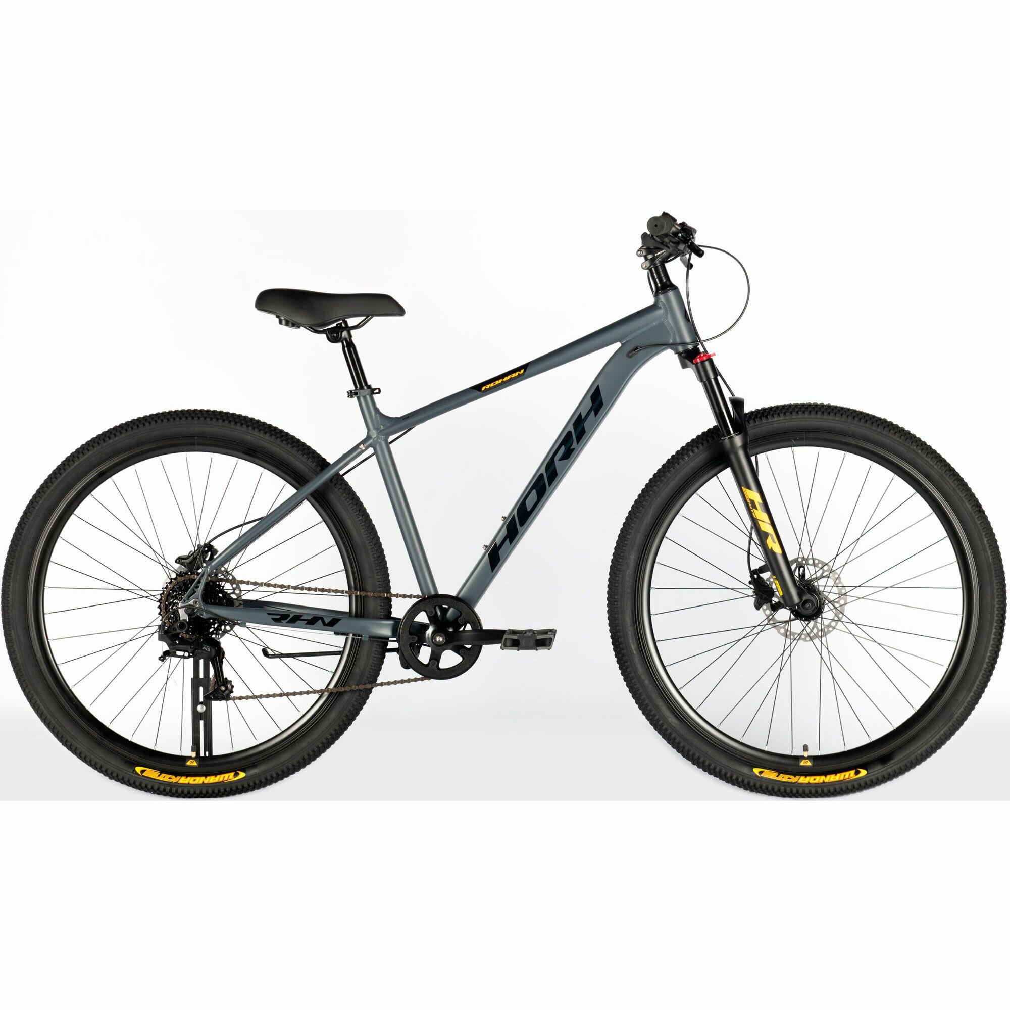 Велосипед горный HORH ROHAN RHD 9.1 29" (2024), хардтейл, взрослый, мужской, алюминиевая рама, 8 скоростей, дисковые гидравлические тормоза, цвет Dark Grey-Black-Yellow, серый/черный/желтый цвет, размер рамы 19", для роста 180-190 см