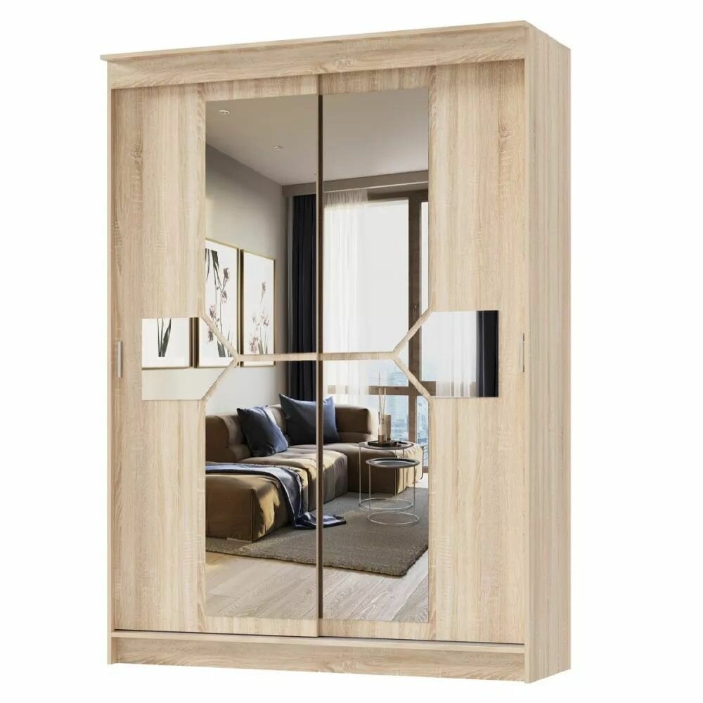 Шкаф-купе Фаворит 1,5м Сонома ЛДСП с зеркалами, полками, ящиками, штангой, для гостиной, прихожей,1500х600х2200 памир