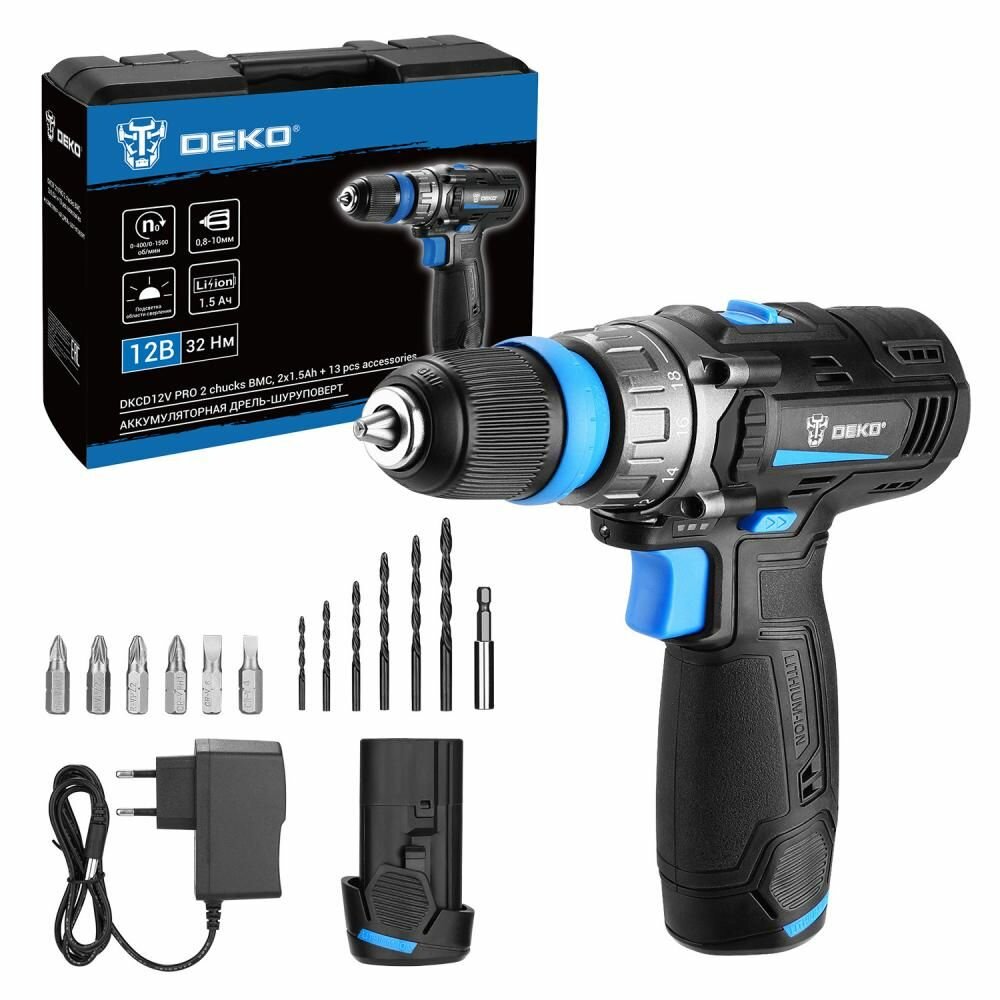 фото Аккумуляторная дрель-шуруповерт DEKO DKCD12V PRO в кейсе co съемным патроном + оснастка 13 шт, 12В,