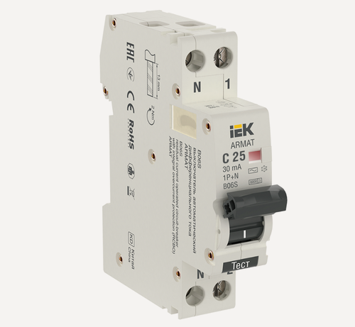 Изображение товара Автоматический выключатель дифференциального тока IEK ARMAT B06S 1P+NP C25 30мА тип AC (18мм)