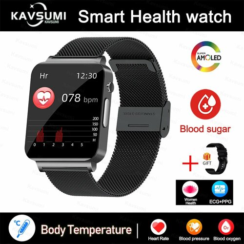 Неинвазивные умные часы Realtek 8762DW с ЭКГ и ППГ, Black Mesh Belt