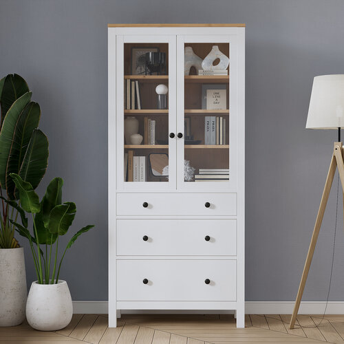 Изображение товара Шкаф-витрина Хемнэс Hemnes Россия /Кымор, 3 ящика, 90х198х37 см, белый/светло-коричневый