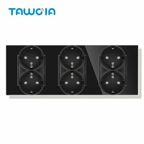 Розетка двойная с заземлением и защитными шторками 16А, со стеклянной рамкой на три поста, черная TAWOIA