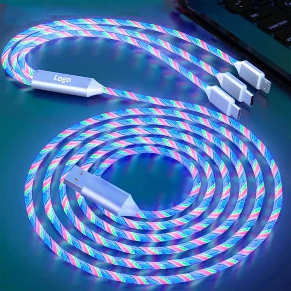 NNBILI светящийся светодиодный светильник USB 3 в 1, кабель для быстрой зарядки телефона, зарядное устройство, светящийся кабель типа C для Xiaomi iPhone, аксессуары для телефонов, Red Type C 1M — фото 1
