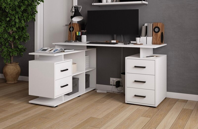 Компьютерный письменный стол с полками и ящиками СКМУ-3 75х150х110см Белый