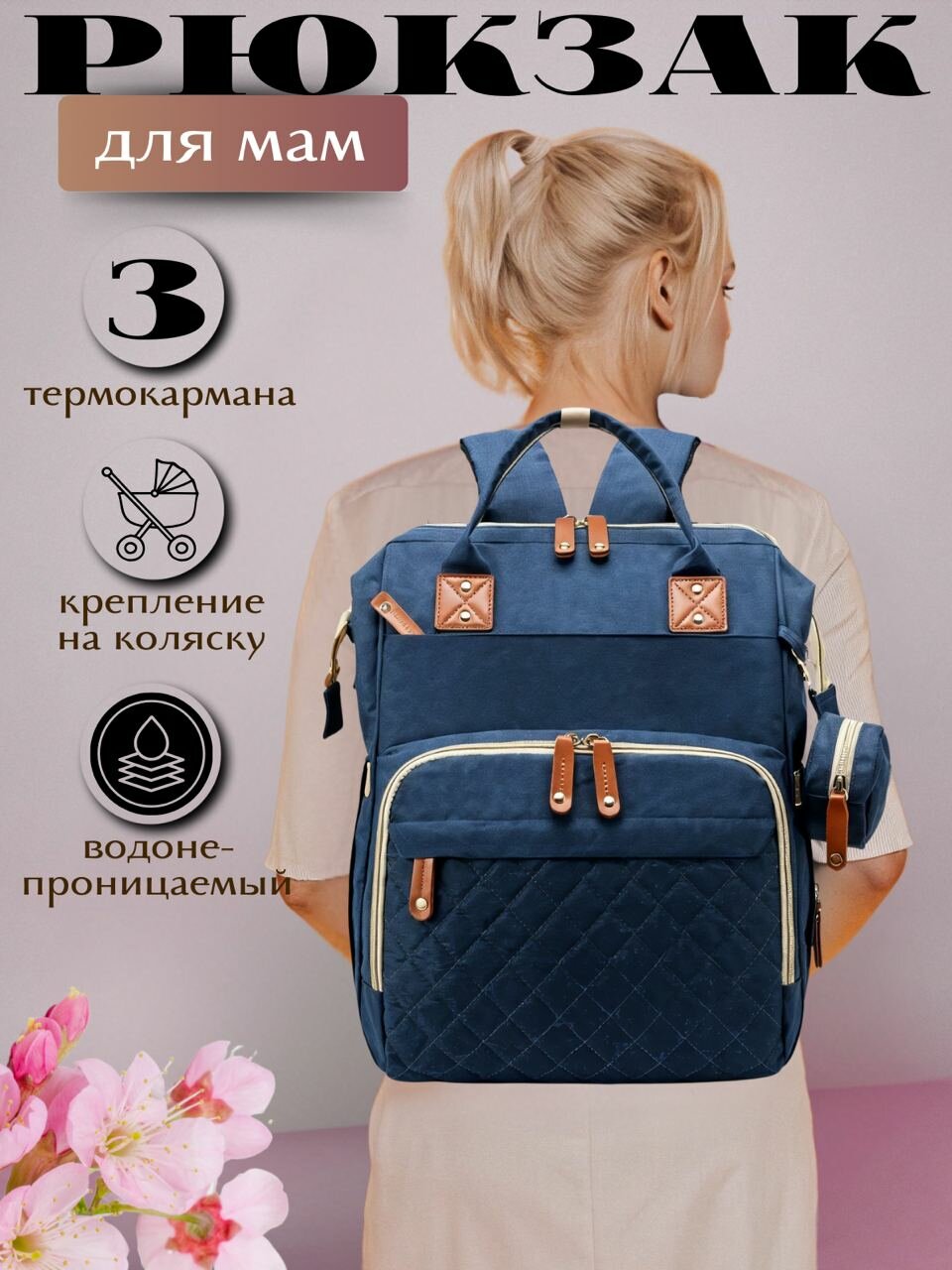Многофункциональный рюкзак для мамы / Водонепроницаемый дорожный ранец + сумочка для мелочей Morento синий