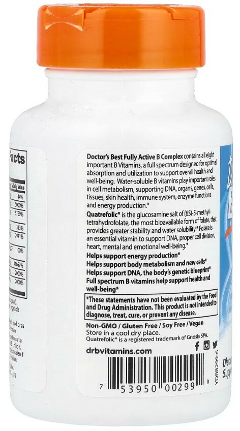 Витамины Группы B Doctor's Best, комплекс активных витаминов группы B, с Quatrefolic, 30 капсул