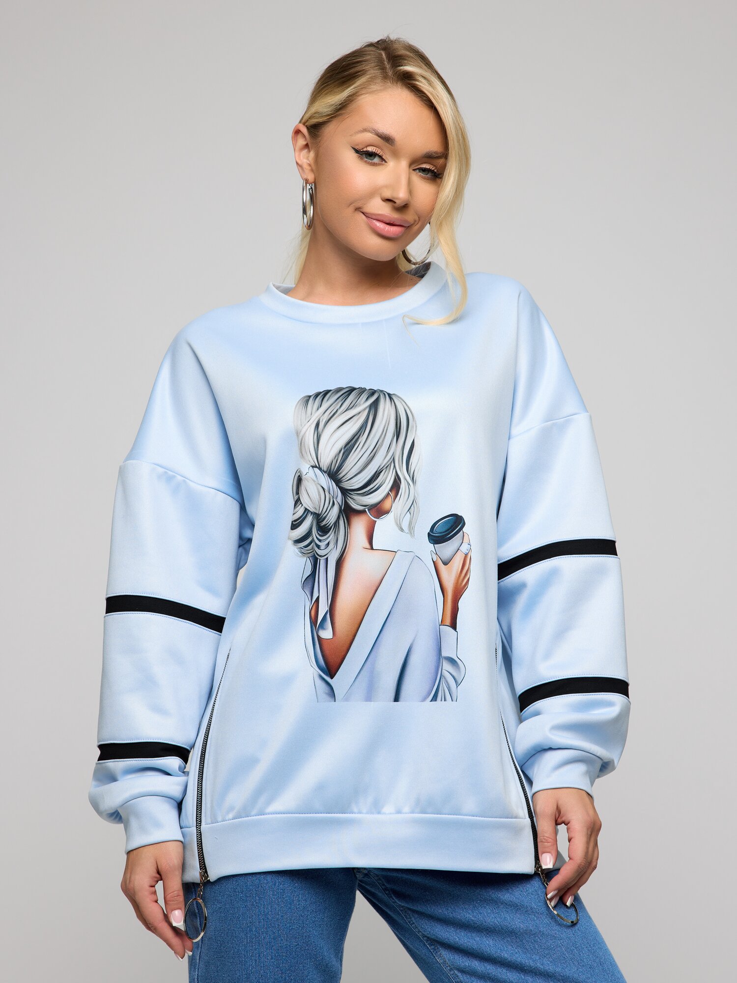 Свитшот MONVARLIN Свитшот оверсайз с молнией и начёсом нарядный под Турцию, размер 56-58, , голубой