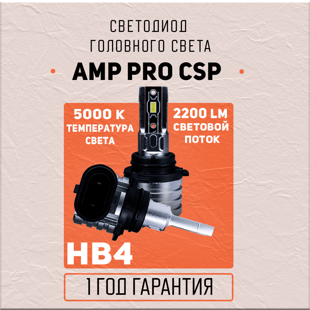 Лампа автомобильная AMP PRO CSP, HB4, LED, 2шт, 2100лм, 12В
