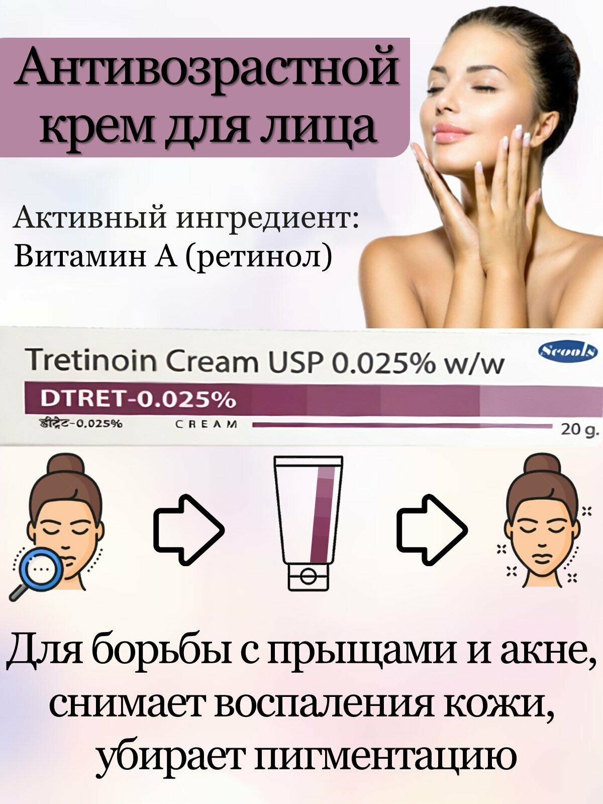 Tretinoin Cream DTRET-0,025% Третиноин Проблемная кожа Антивозрастной крем для лица 20г — фото 1
