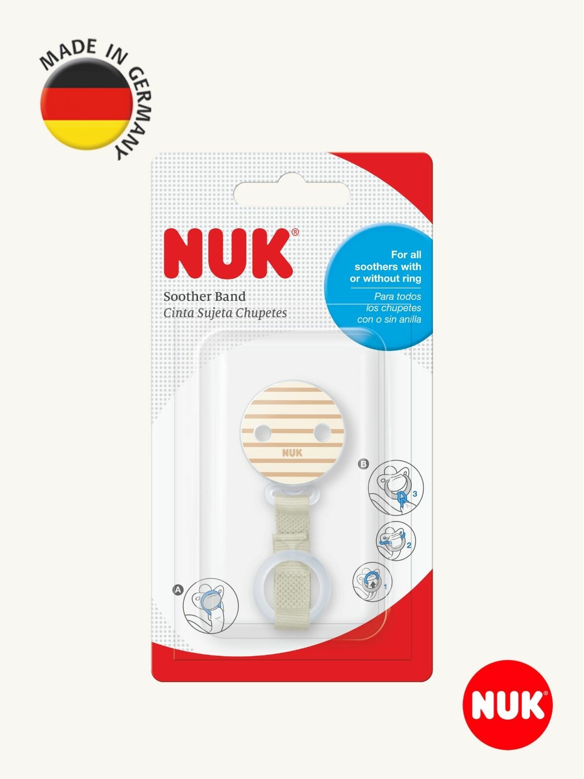 NUK Ленточка-держатель для соски-пустышки с клипсой, бежевая, Германия — фото 1