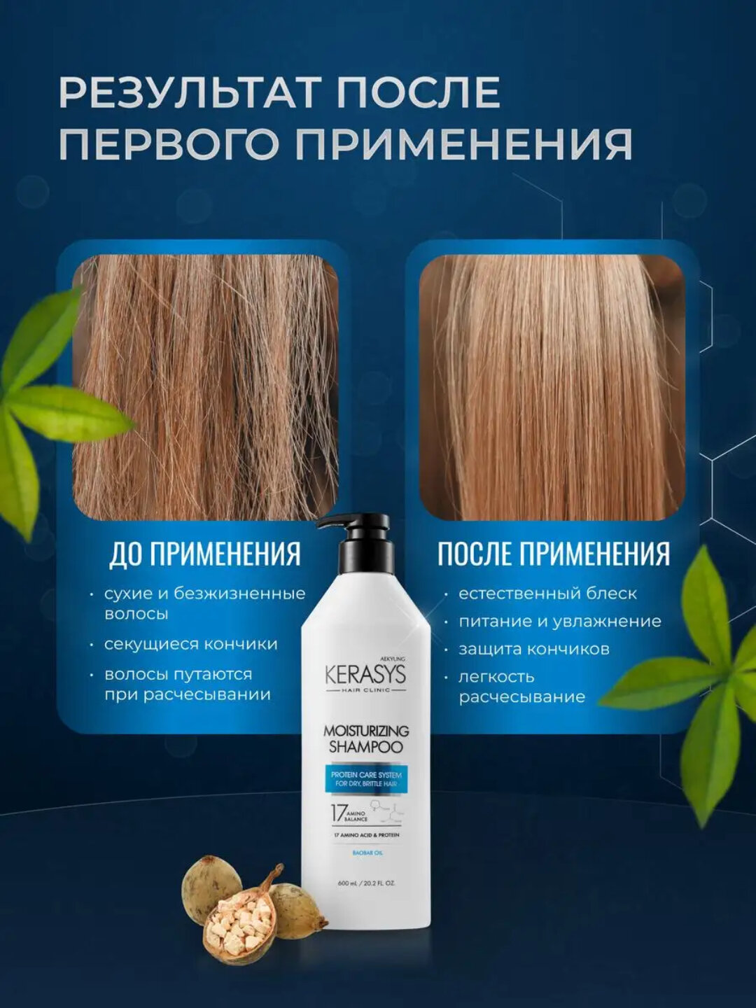 Kerasys Корейский Шампунь для волос увлажняющий, профессиональный протеиновый шампунь для сухих и ломких, вьющихся, ослабленных волос, бессиликоновый — фото 1