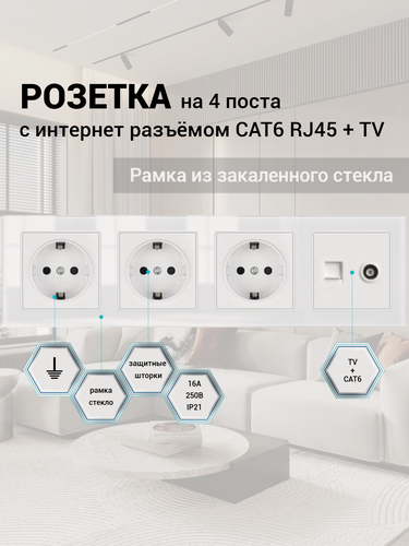 Изображение товара Розетка ТВ и интернет 4 поста, антенна ТВ/компьютер RJ-45 CAT6 рамка закаленное стекло 295*82*8 мм, цвет белый