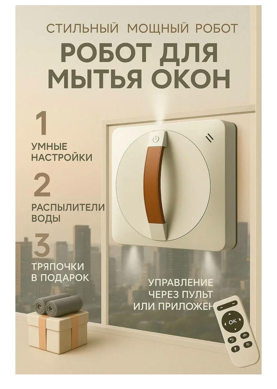 Робот-мойщик окон, 4 распылителя, дистанционное управление, белый/коричневый