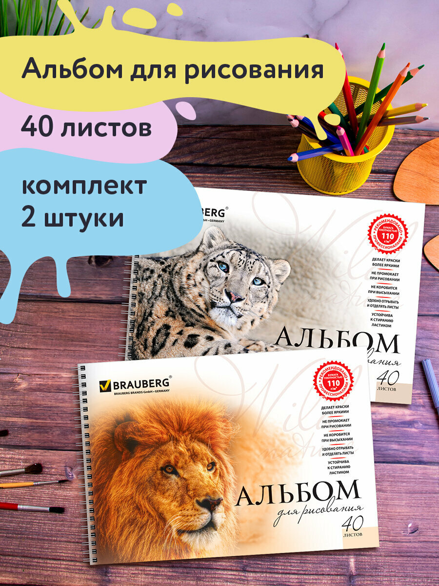 Альбом д/рис. А4 40 л, комплект 2 шт, гребень, обл. картон, BRAUBERG, 205х290 мм, Хищники, 880028