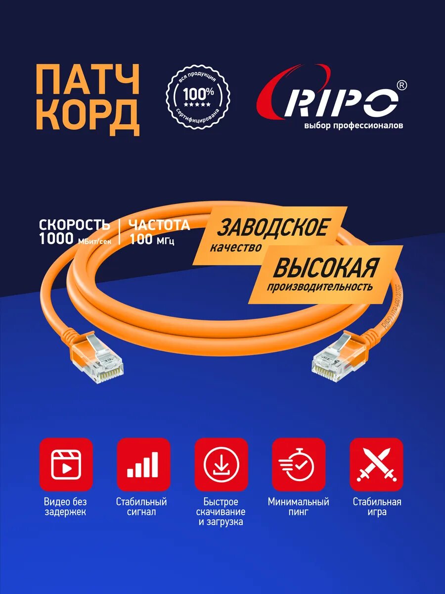 Патч корд 15 м, негорючий Rj45 кат.5е UTP LAN — фото 1