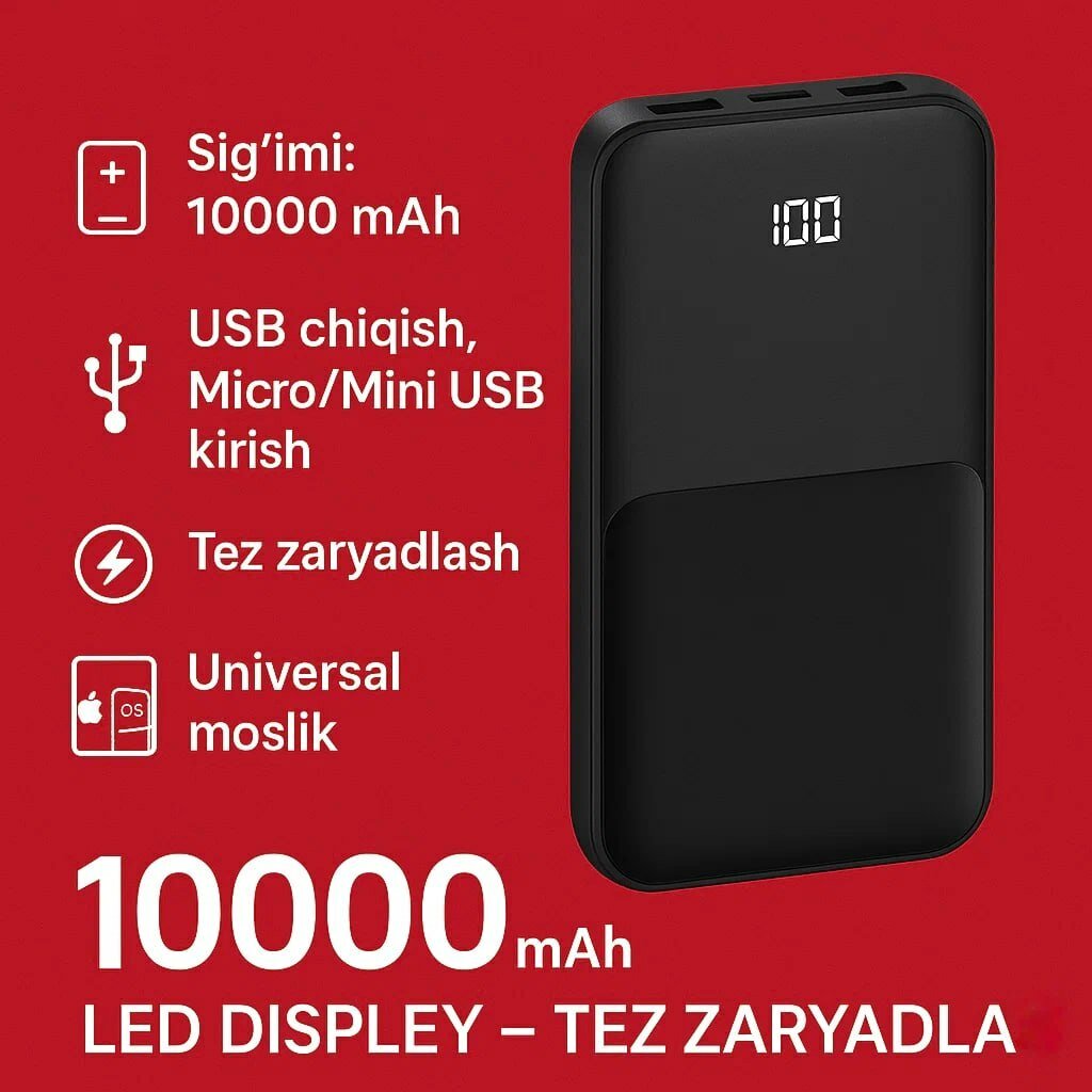 Внешний аккумулятор REEX RPB-02, 10000мАч, цифровой дисплей, быстрая зарядка, влагозащищенный
