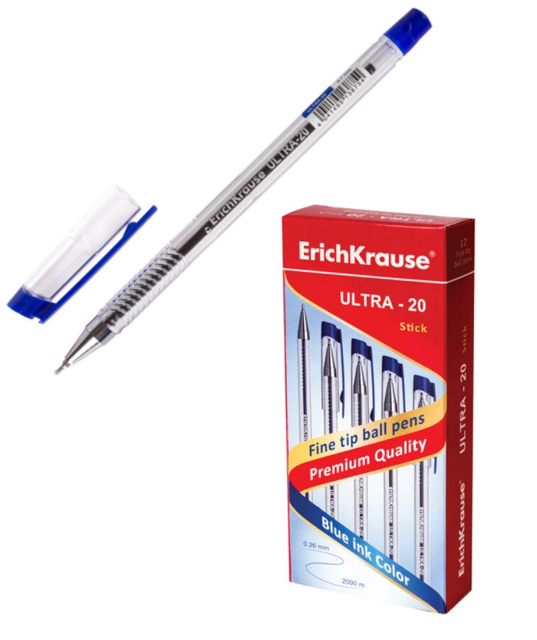 Ручка шариковая масляная ERICH KRAUSE "Ultra-20", синяя, корпус прозрачный, узел 0,7 мм, линия письма 0,26 мм, 13875 (12 штук)