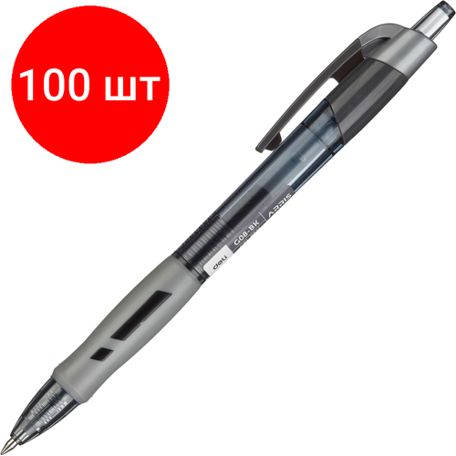 Комплект 100 штук, Ручка гелевая автомат. Deli Arris диам. шарика 0.5мм резин манж черная