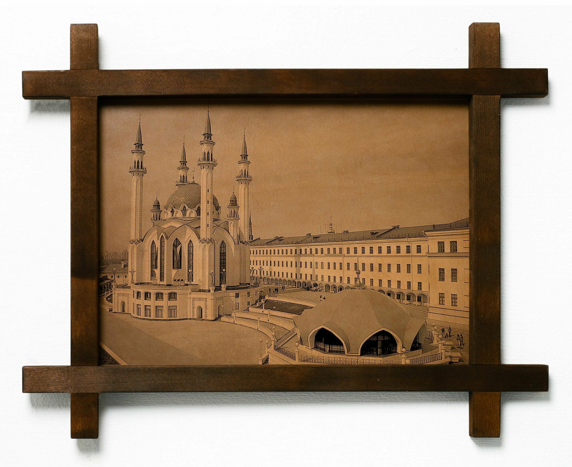 Картина Казанский Кремль, гравировка на натуральной коже, интерьерная для украшения и декора на стену в деревянной раме, подарок, BoomGift
