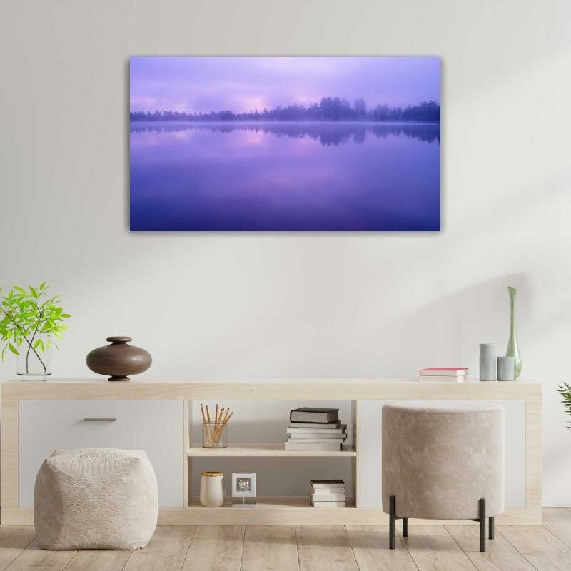 Картина на холсте 60x110 LinxOne "Озеро Небо Облака Лес Вода" интерьерная для дома / на стену / на кухню / с подрамником