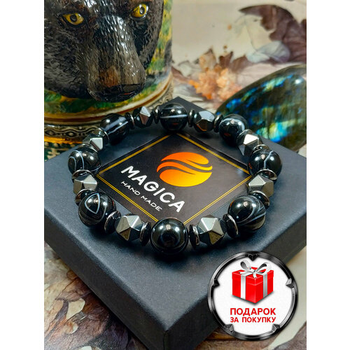 фото Браслет, агат, гематит, черный, серый magica