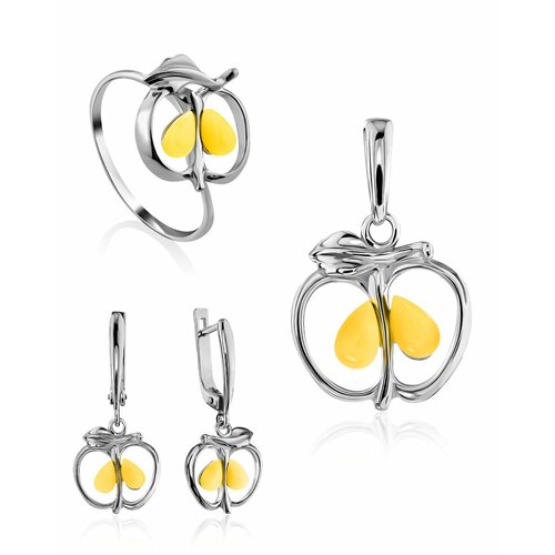 фото Комплект бижутерии: серьги, кольцо, подвеска, янтарь, бежевый amberhandmade