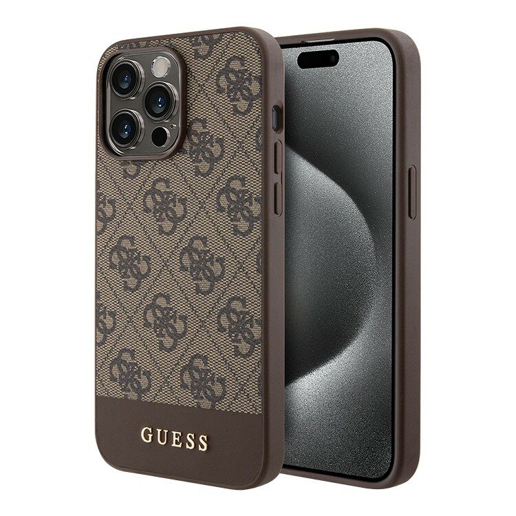 Guess чехол для iPhone 15 Pro Max, PU кожа 4G Bottom stripe Metal logo коричневый