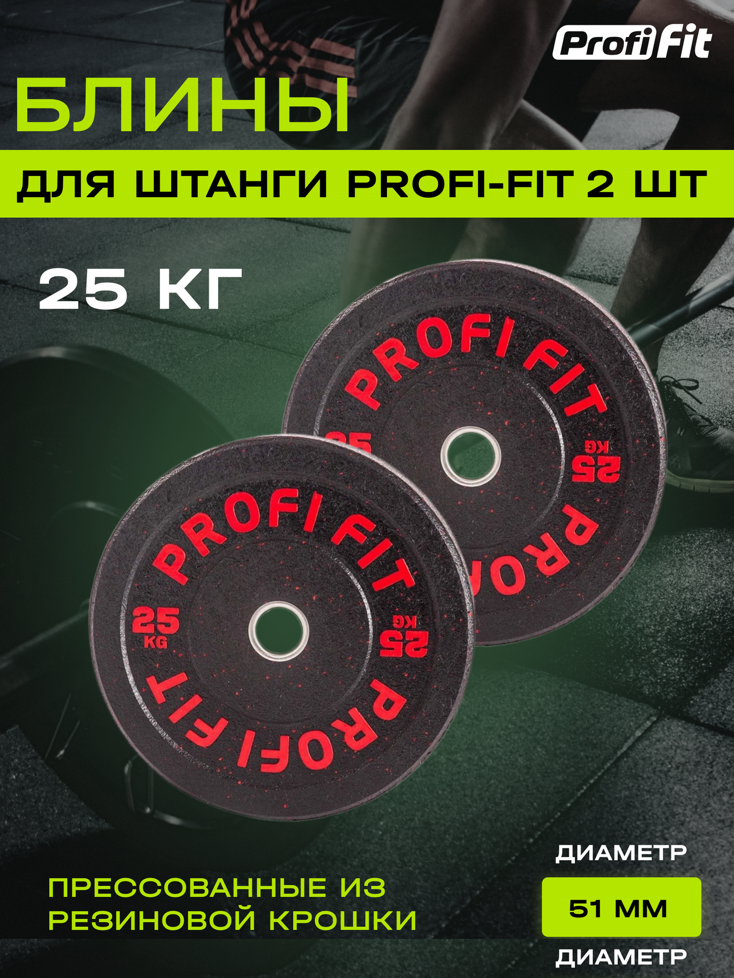 Диски для штанги HI-TEMP 2 штуки с цветными вкраплениями D51 мм (25 кг), Profi-Fit