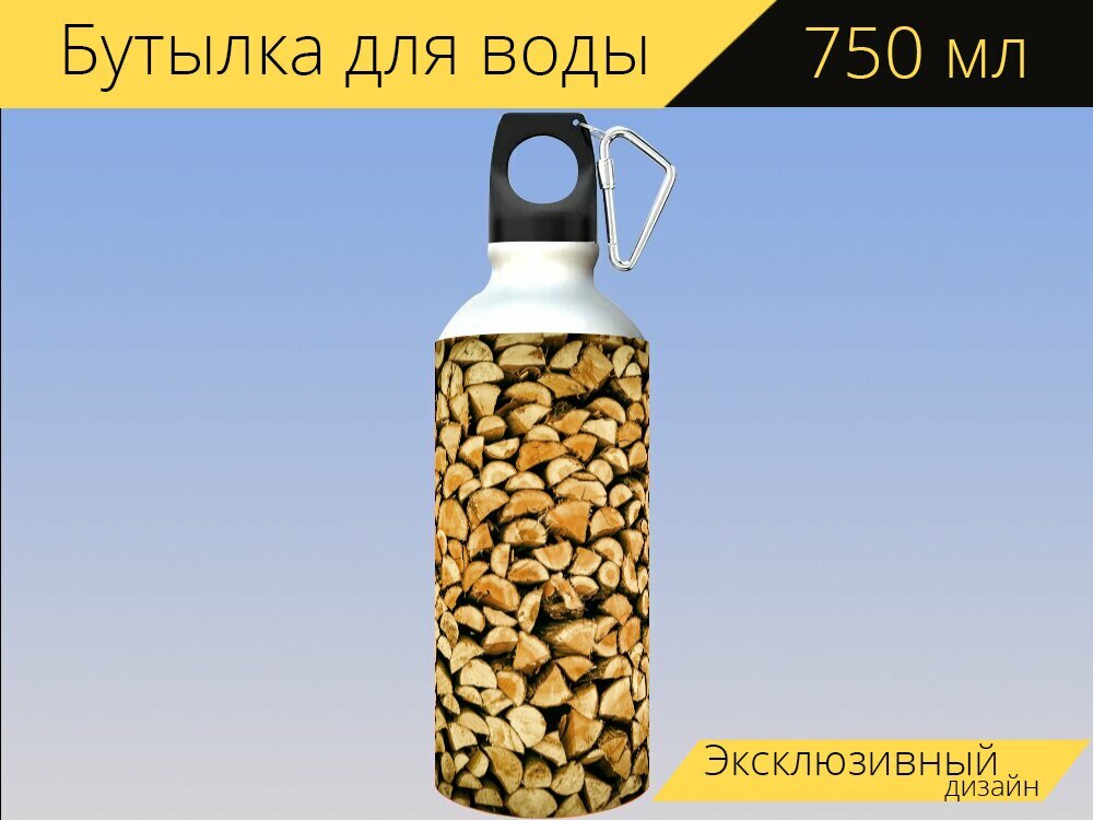 Бутылка фляга для воды "Древесина, куча, дрова" 750 мл. с карабином и принтом