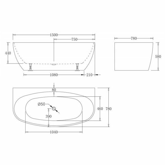 Акриловая ванна без перелива BelBagno BB83-1500-W0