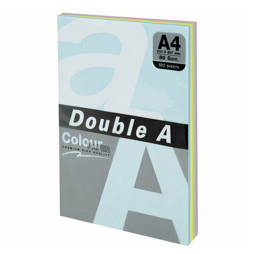 Комплект 5 шт, Бумага цветная DOUBLE A, А4, 80г/м2, 100 л, (5 цветов x 20 листов), микс пастель, ш/к