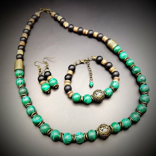 Комплект бижутерии Innuendo: браслет, колье, серьги, размер колье/цепочки 29.5 см, коричневый, зеленый