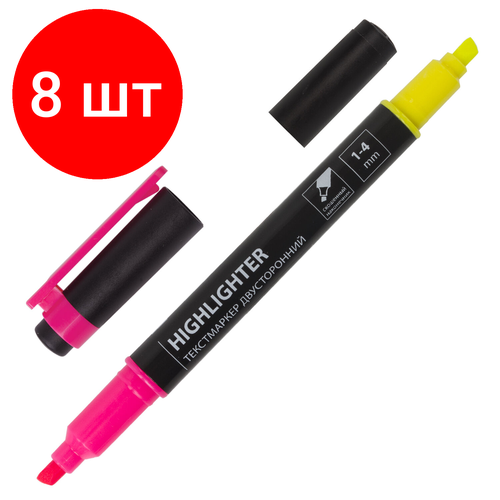 Комплект 8 шт, Текстовыделитель двусторонний BRAUBERG, желтый/розовый, линия 1-4 мм, 150840