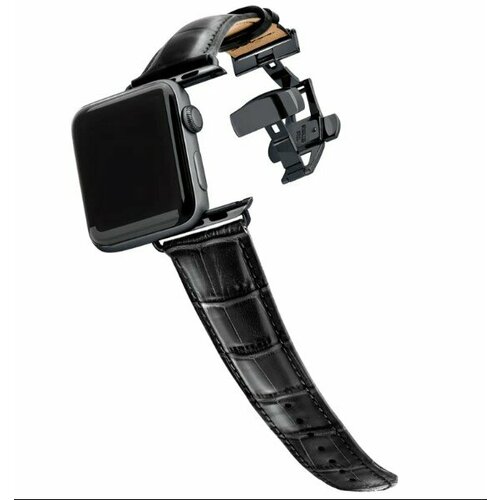 Кожаный ремешок с застежкой для Apple Watch 42-44-45-49 mm, Series 1-9, SE, Ultra / Браслет для умных смарт часов Эпл Вотч 42/44/45/49 мм. Черный