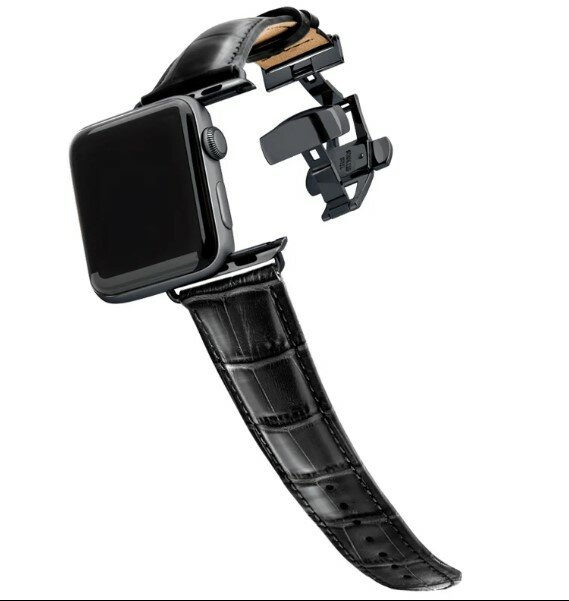 Кожаный ремешок с застежкой для Apple Watch 42-44-45-49 mm, Series 1-9, SE, Ultra / Браслет для умных смарт часов Эпл Вотч 42/44/45/49 мм. Черный