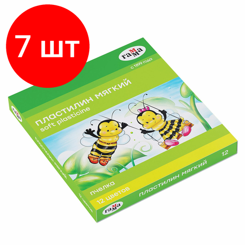 Комплект 7 шт, Пластилин восковой гамма Пчелка, 12 цветов, 180 г, со стеком, картонная упаковка, 280032Н пластилин гамма пчелка 06 цветов восковой со стеком картон европодвес