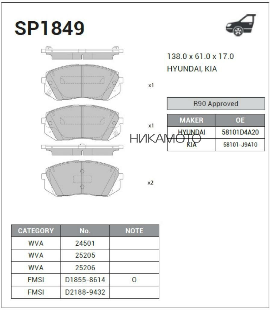 SANGSIN BRAKE SP1849 Колодки тормозные HYUNDAI SONATA 15-/KIA OPTIMA 16- пер.(с отверст. под пружину)