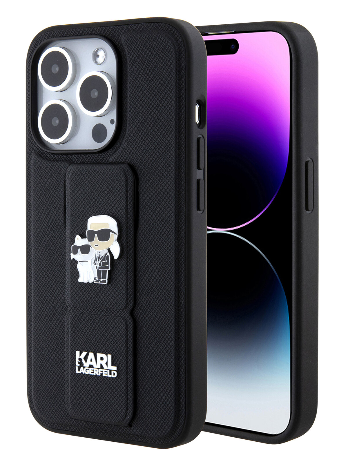 Чехол Karl Lagerfeld GripStand PU Saffiano NFT Karl & Choupette metal Hard для iPhone 15 Pro, цвет Черный (KLHCP15LGSAKCPK)